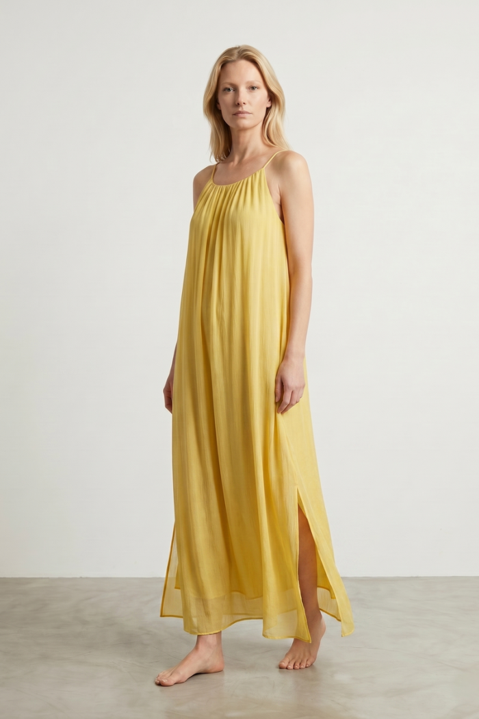 LONG SLEEVELESS SILK DRESS