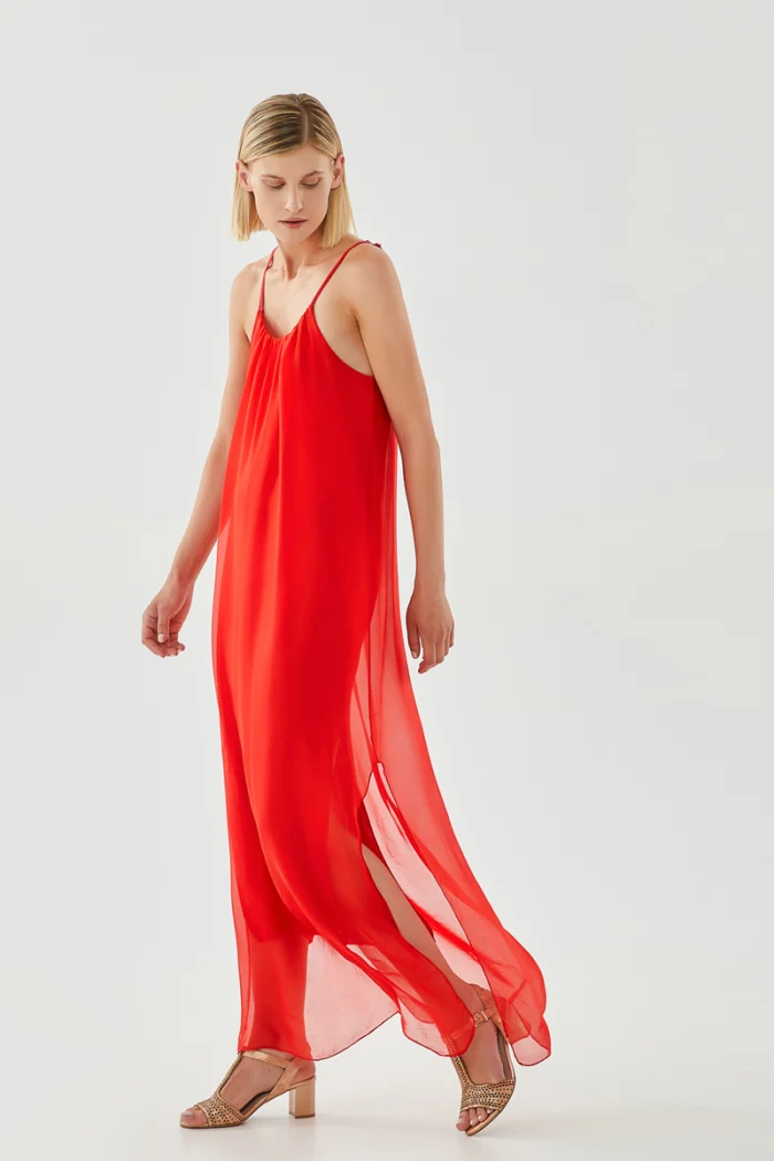 LONG SLEEVELESS SILK DRESS