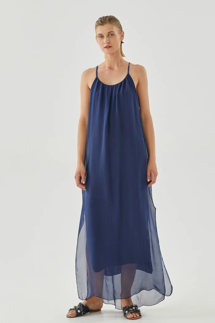 LONG SLEEVELESS SILK DRESS
