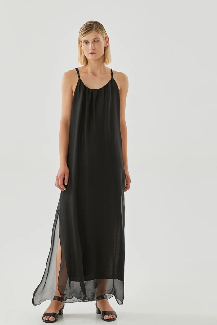 LONG SLEEVELESS SILK DRESS
