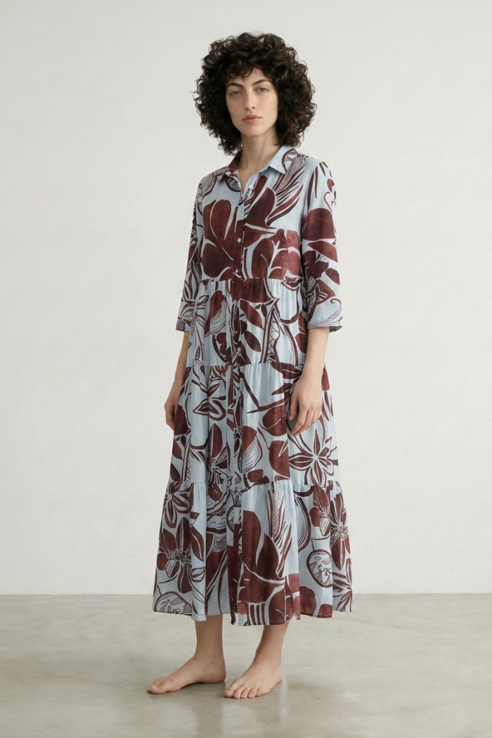 COTTON LEAF PRINT SHIRT DRESS