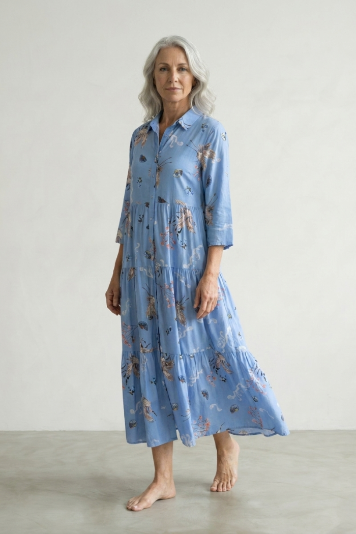PELICAN PRINT COTTON SHIRT DRESS - LIGHT BLUE, ONE SIZE